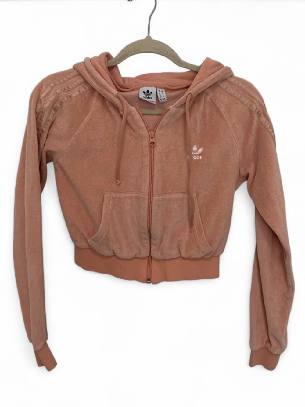 Adidas Peach Pink Velour Cropped Zip Up Hoodie